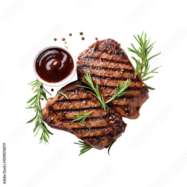 Fototapeta Grilled and sliced beef steak with rosemary isolated on a transparent background.