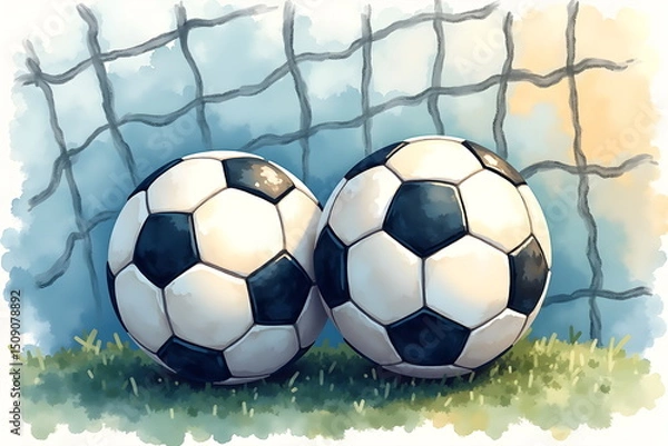 Fototapeta Whimsical Watercolor Illustration of Soccer Balls in Goal Net