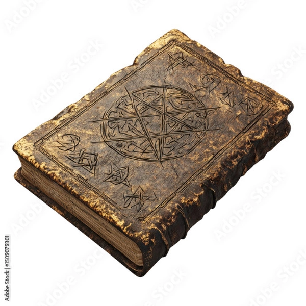 Obraz An ancient, weathered book with mystical symbols and a pentagram engraved on the cover.