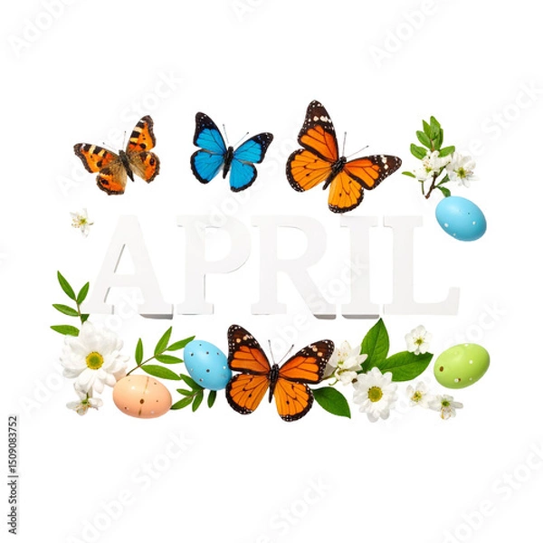 Obraz Bright April Celebration with Colorful Butterflies and Fresh Leaves
