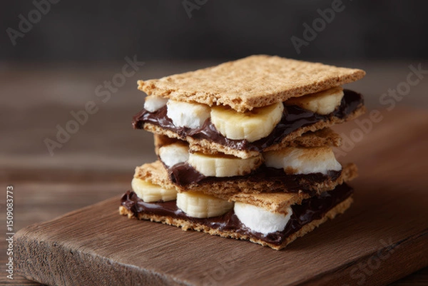 Fototapeta Stacked vegan smores with dark chocolate and banana slices