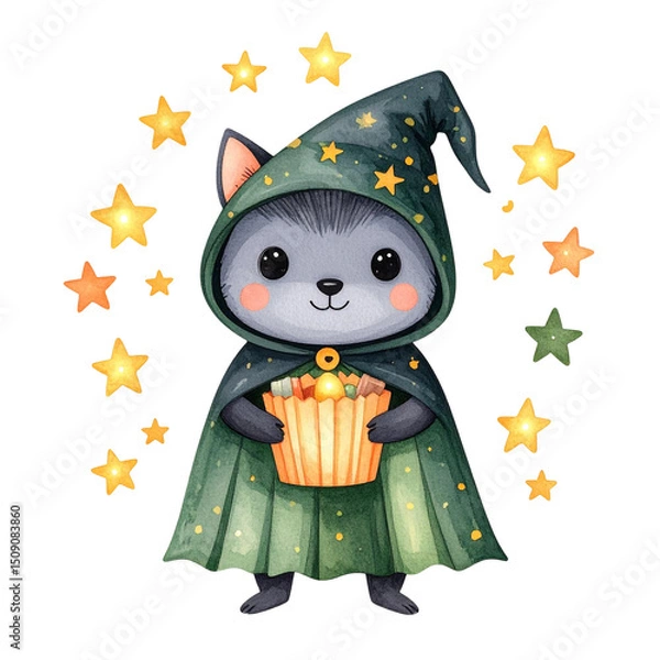 Obraz Spooky Critter in Costume Holding Empty Candy Wrapper with Stars