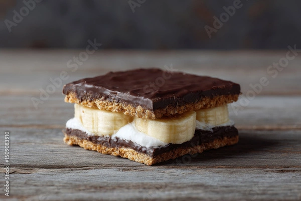 Fototapeta Vegan smores with dark chocolate and banana on wooden table
