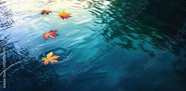 Fototapeta Autumn leaves float on calm water surface with gentle rain ripples, creating peaceful and tranquil mood