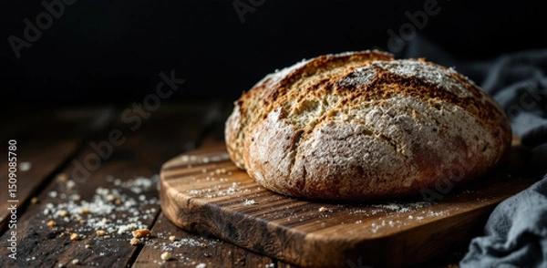 Fototapeta Rustic sourdough bread loaf on wooden board, crusty and fresh, sprinkled with flour, cozy and inviting atmosphere