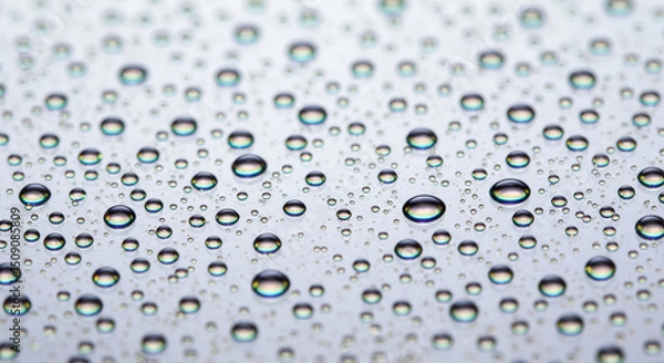 Fototapeta Macro photo of water drops on glass, showing clear, detailed, and reflective droplets with soft background, creating calm mood