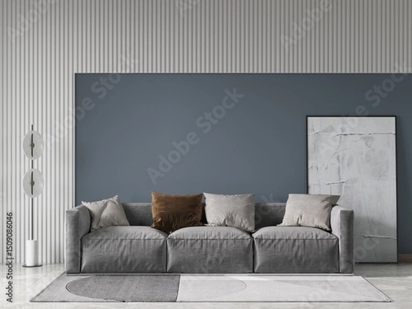 Fototapeta Mock up of an ideal spacious living room with a large comfortable sofa and a stylish modern background, 3D rendering.