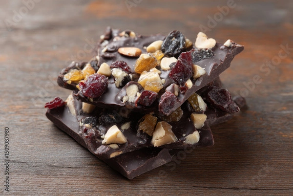 Fototapeta Dark chocolate bark with nuts and dried fruits on wooden table