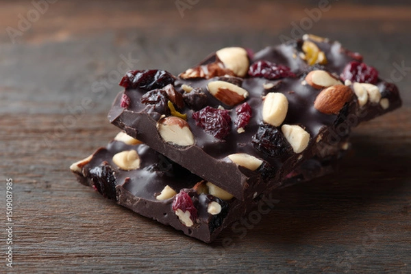 Fototapeta Dark chocolate bark with nuts and dried fruits on wooden surface