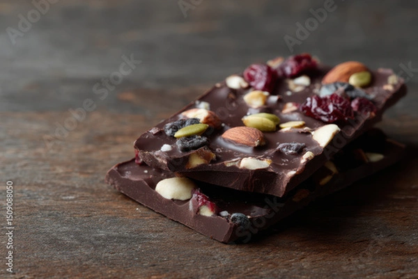 Fototapeta Dark chocolate bark with nuts and seeds on wooden surface