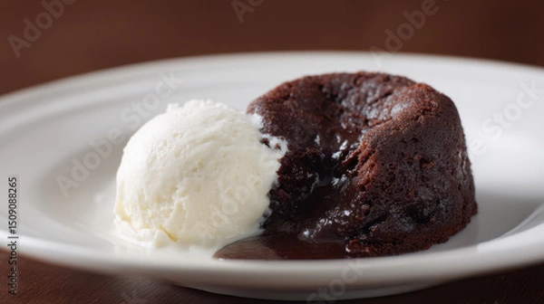 Fototapeta Chocolate lava cake with molten center and vanilla ice cream on plate