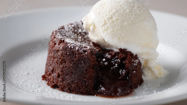 Fototapeta Rich chocolate lava cake with molten center and ice cream on top