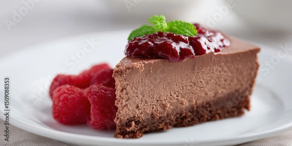 Fototapeta Chocolate mousse cake with raspberry topping and mint garnish on plate