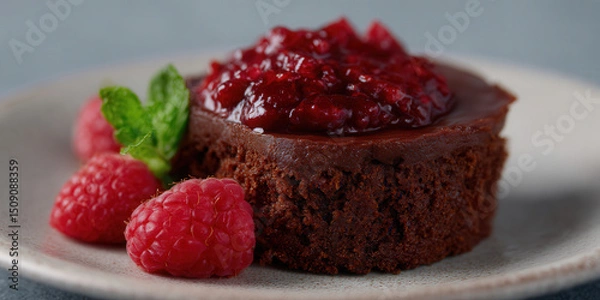 Fototapeta Rich vegan chocolate mousse cake topped with raspberry coulis and fresh raspberries