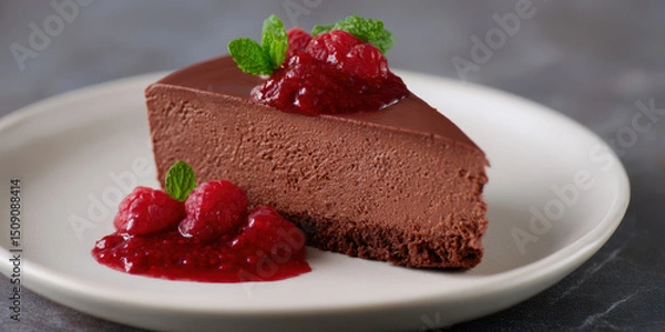 Fototapeta Rich vegan chocolate mousse cake topped with raspberry coulis and mint leaves