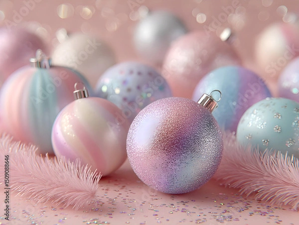 Fototapeta Pastel Christmas ornaments with glitter and soft feathers on a pink background creating a festive and dreamy holiday atmosphere