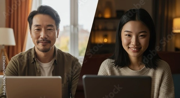 Fototapeta Two people participate in a video call from their homes with warm lighting and cozy settings