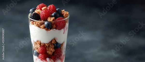 Fototapeta Delicious vegan parfait with layers of granola, soy yogurt, and fresh berries