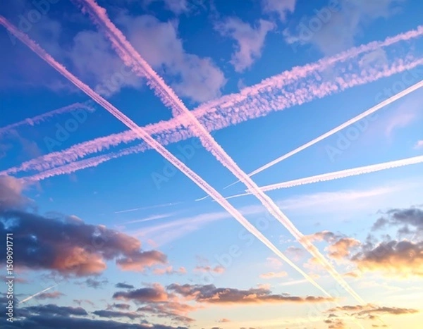 Obraz Contrails crisscross a vibrant sunset sky