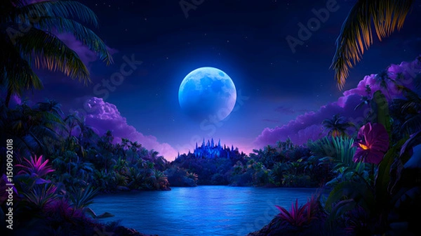 Fototapeta Pixel Art Tropical Night Landscape with Blue Moon and Castle