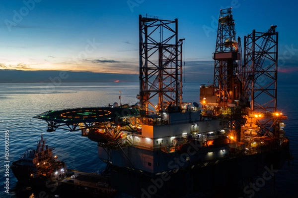 Obraz Aerial view of offshore jack up drilling rig during sunset - oil and gas industry.