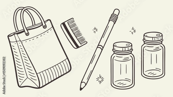 Obraz Pencil vector: eco bag, bamboo brush and glass jars. Style: minimalist sketch with paper texture