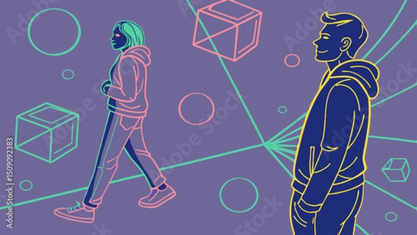Obraz Abstract vector: avatars of people in digital space with 3D elements. Neon colors, hologram effect