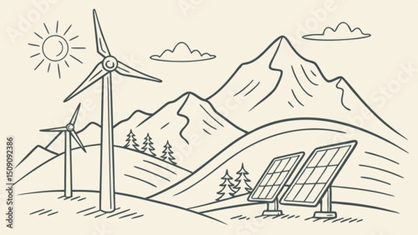 Obraz Sketchy vector illustration: windmills and solar panels on the background of mountains