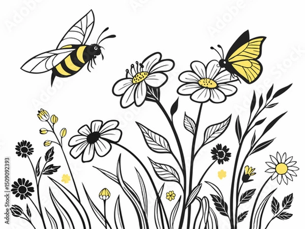 Obraz Hand drawn vector illustration of bees, butterflies and flowers in naturalistic sketch style. Black and white base with yellow accents