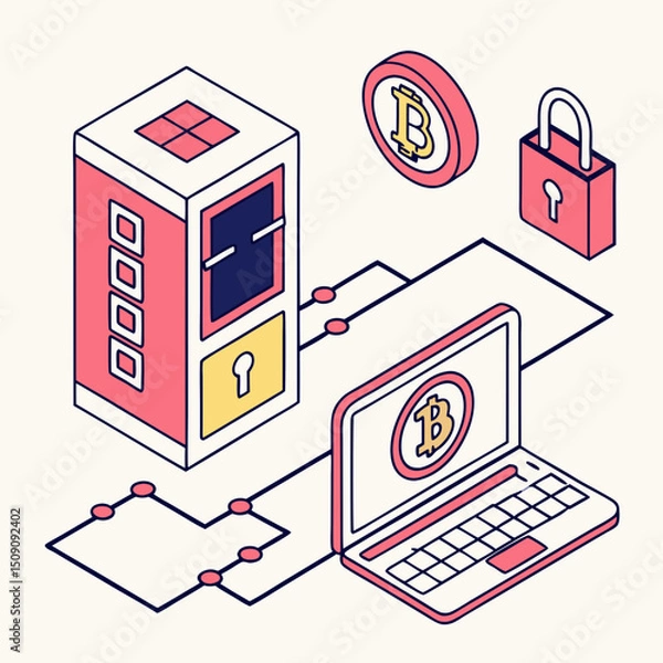 Fototapeta Isometric vector illustration: blockchain with transaction, cryptocurrency and lock icons