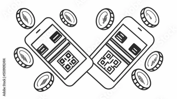Obraz Flat vector graphics: mobile payment app with flying coins and QR codes. Pastel colors, geometric shapes