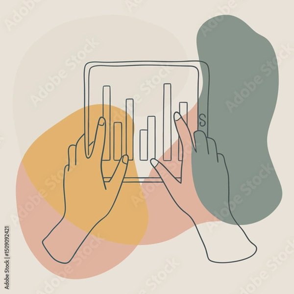 Obraz Minimalistic vector illustration of hands interacting with a holographic data interface.