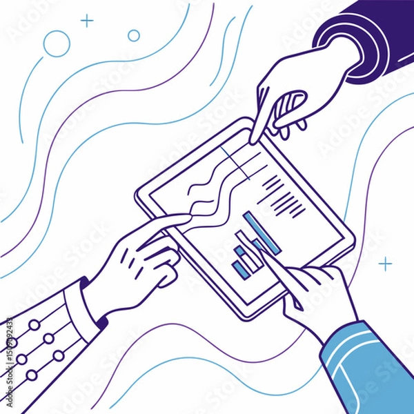 Fototapeta Minimalistic vector illustration of hands interacting with a holographic data interface
