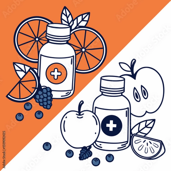 Obraz Vector graphics: stylized bottles with vitamins and fruits around. Flat design, contrast of orange and blue