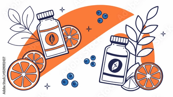 Obraz Vector graphics: stylized bottles with vitamins and fruits around. Flat design, contrast of orange and blue