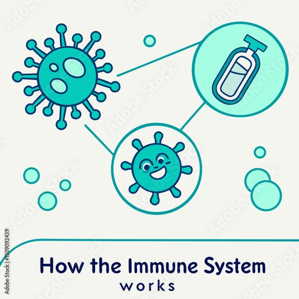 Obraz Flat illustration: "How the immune system works" diagram with icons of viruses, leukocytes and vitamins