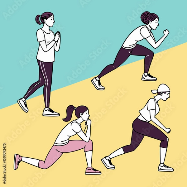 Obraz Flat vector illustration: people doing exercises (squats, plank, running) on ​​a bright background