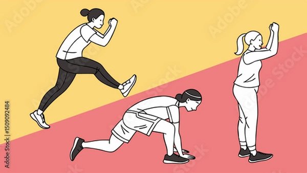 Obraz Flat vector illustration: people doing exercises (squats, plank, running) on ​​a bright background