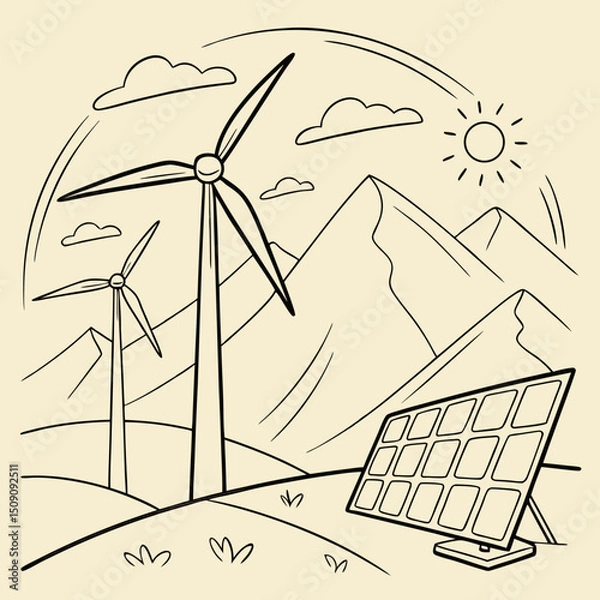 Obraz Sketchy vector illustration: windmills and solar panels on the background of mountains
