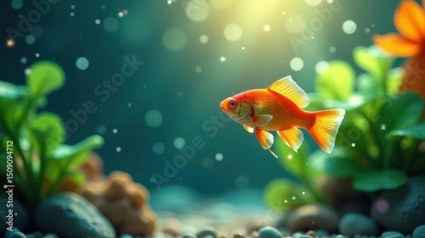 Fototapeta Serene aquatic scene featuring vibrant goldfish gracefully swimming amidst lush underwater plants and smooth river stones, illuminated by a gentle sunbeam.