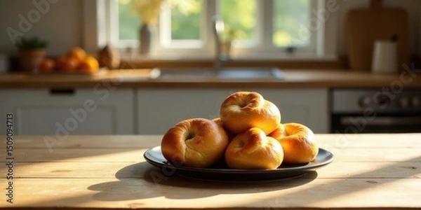 Fototapeta Sunlit Kitchen Table with a Stack of Freshly Baked Bagels Ready to be Enjoyed