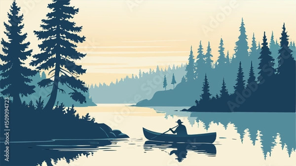 Fototapeta Silhouette of Person Canoeing on Calm Lake at Sunrise, Surrounded by Pine Trees