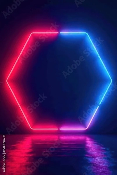 Fototapeta Hexagonal Neon Frame with Vibrant Pink and Blue Glowing Lights Reflecting on a Dark, Reflective Surface