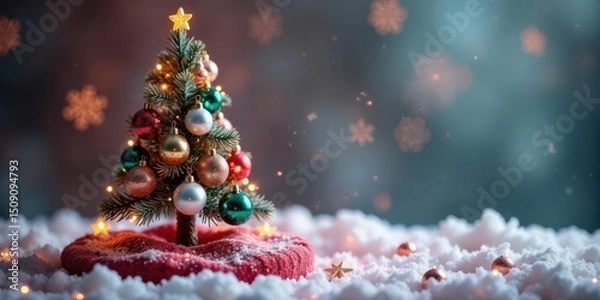 Fototapeta A Festive Miniature Christmas Tree Adorned with Sparkling Ornaments, Nestled in a Snowy Scene with Glimmering Lights