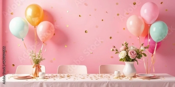 Fototapeta Festive Table Setting with Pastel Balloons and Floral Arrangement for a Delightful Celebration