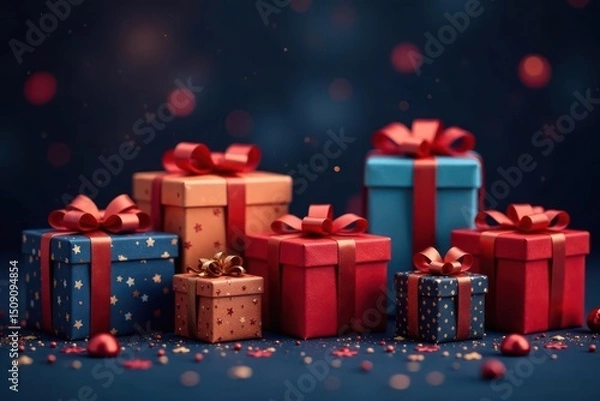Fototapeta A Festive Collection of Wrapped Presents with Red Ribbons and Starry Designs on a Dark Background