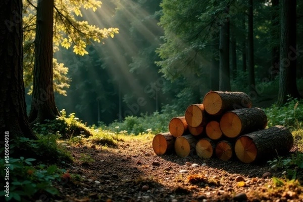 Fototapeta Sunlit Forest Path with Stacked Logs A Tranquil Woodland Scene