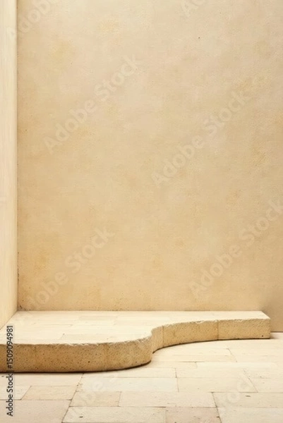 Fototapeta Cream-colored stone platform against a pale wall background, ideal for product display or minimalist design presentation