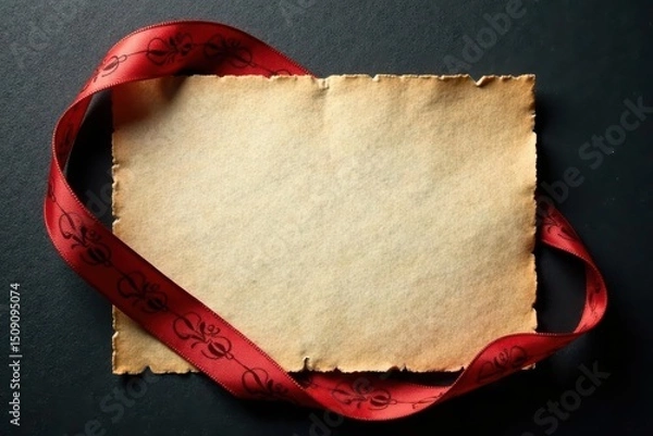 Fototapeta A Rustic Antique Paper Sheet Decorated with an Elegant Red Ribbon Featuring Intricate Floral Designs, Ideal for Vintage Invitations or Messages