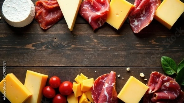 Fototapeta Aromatic Delicacies  A Culinary Composition of Aged Cheeses and Cured Meats Arranged on a Rustic Wooden Surface, Accompanied by Fresh, Ripe Cherry Tomatoes
